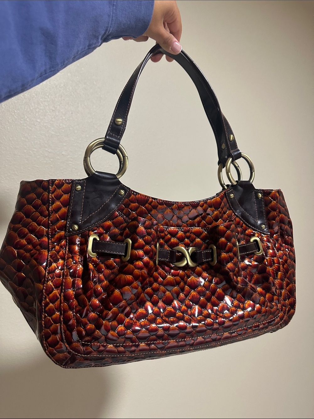 Vintage Charlie Lapson Brown Croc Embossed Patent Leather Shoulder Bag Y2K